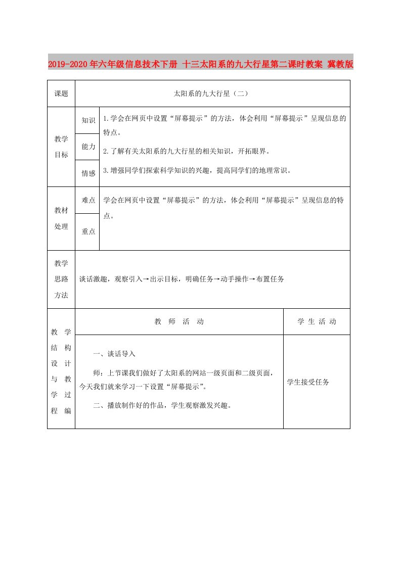 2019-2020年六年级信息技术下册