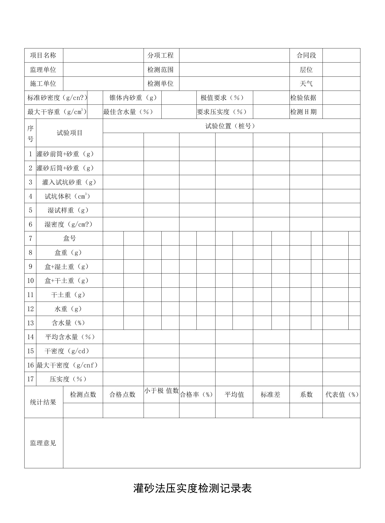 灌砂法压实度检测记录表