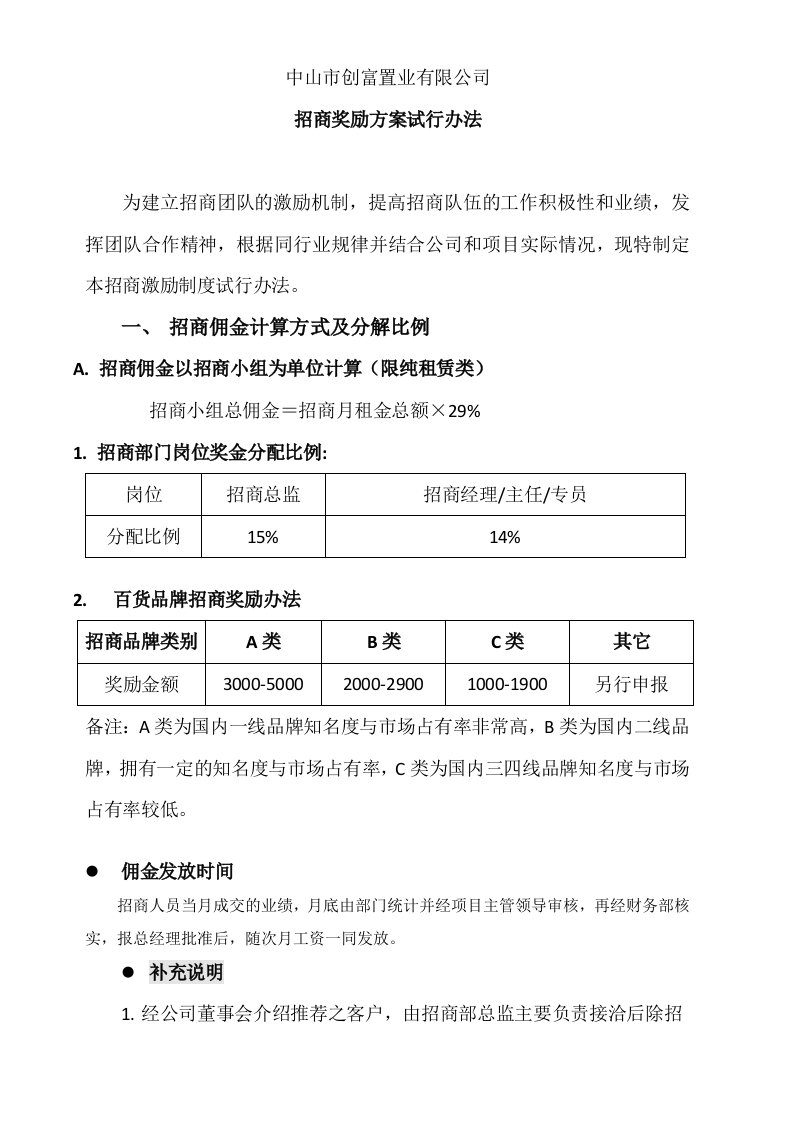 商业综合体招商奖励试行办法