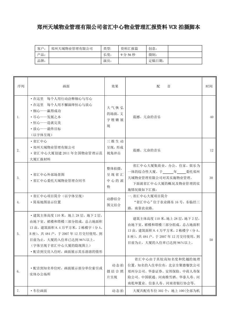 郑州天域物业管理有限公司省汇中心物业管理汇报资料VCR拍摄脚本