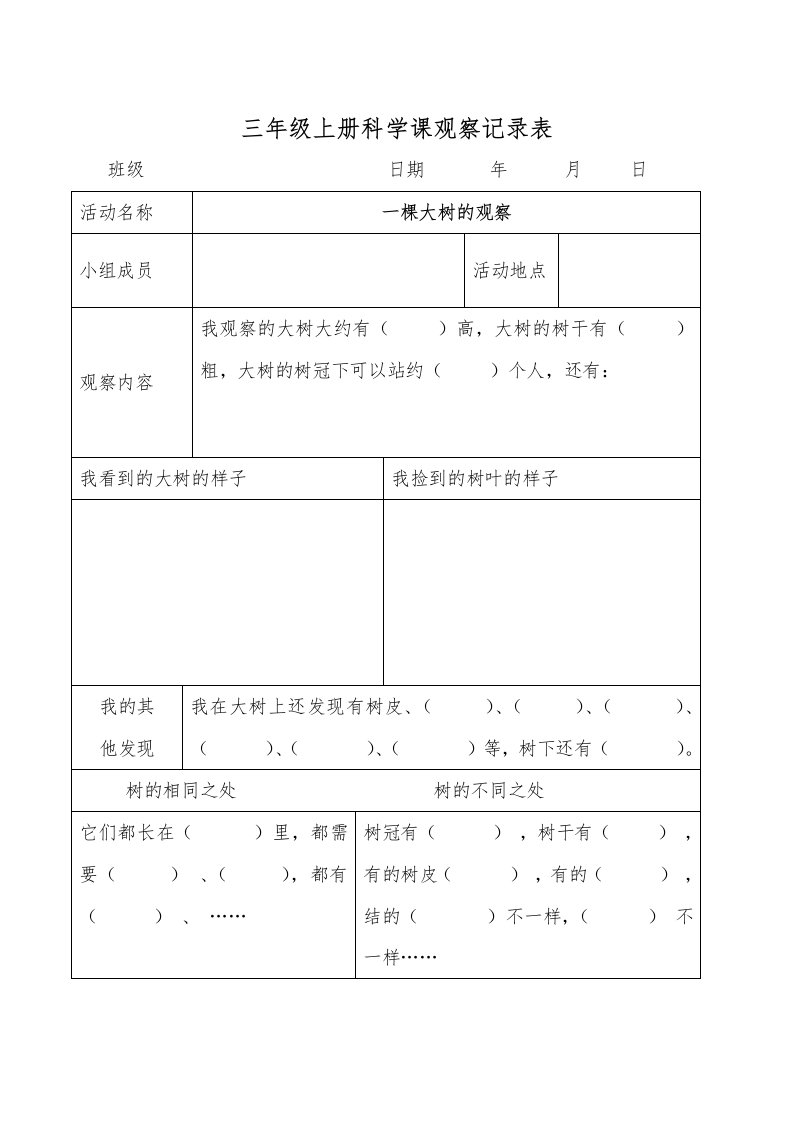 三年级上册科学课观察记录表