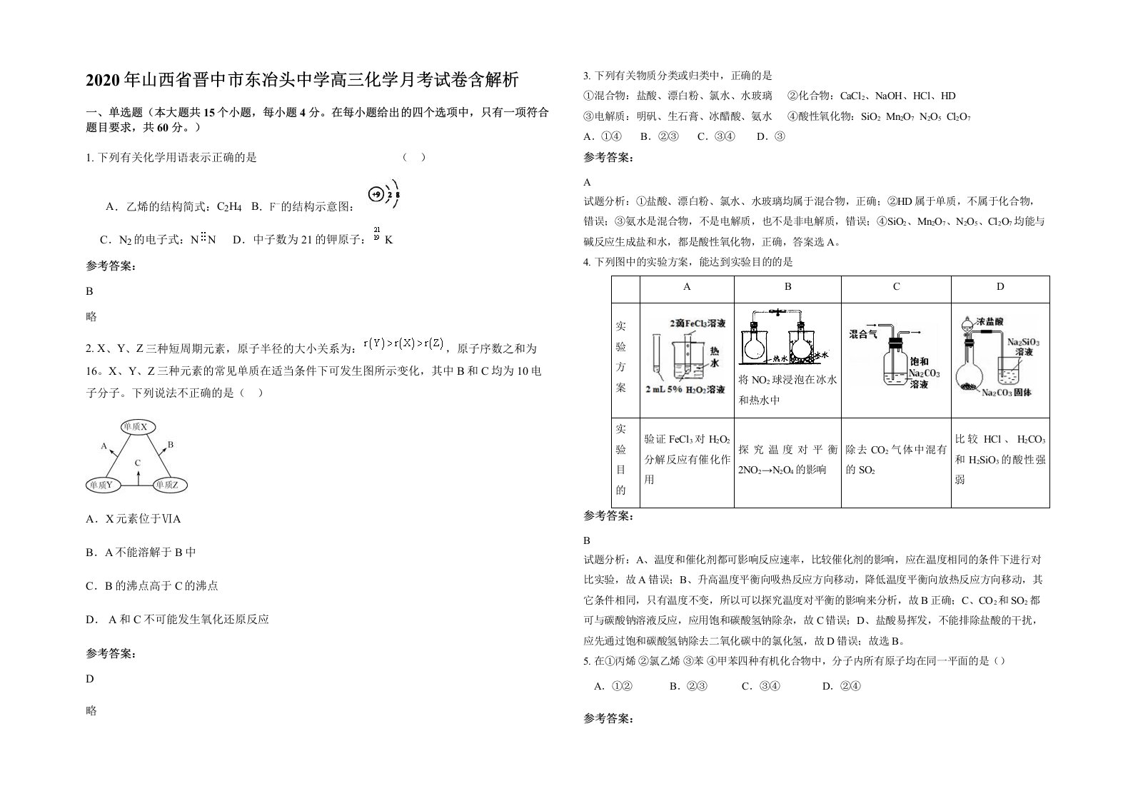 2020年山西省晋中市东冶头中学高三化学月考试卷含解析