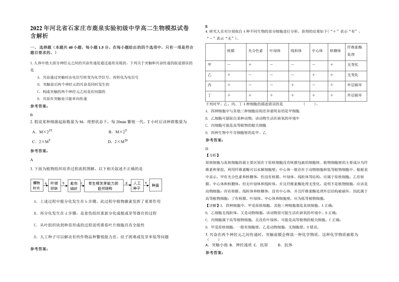 2022年河北省石家庄市鹿泉实验初级中学高二生物模拟试卷含解析