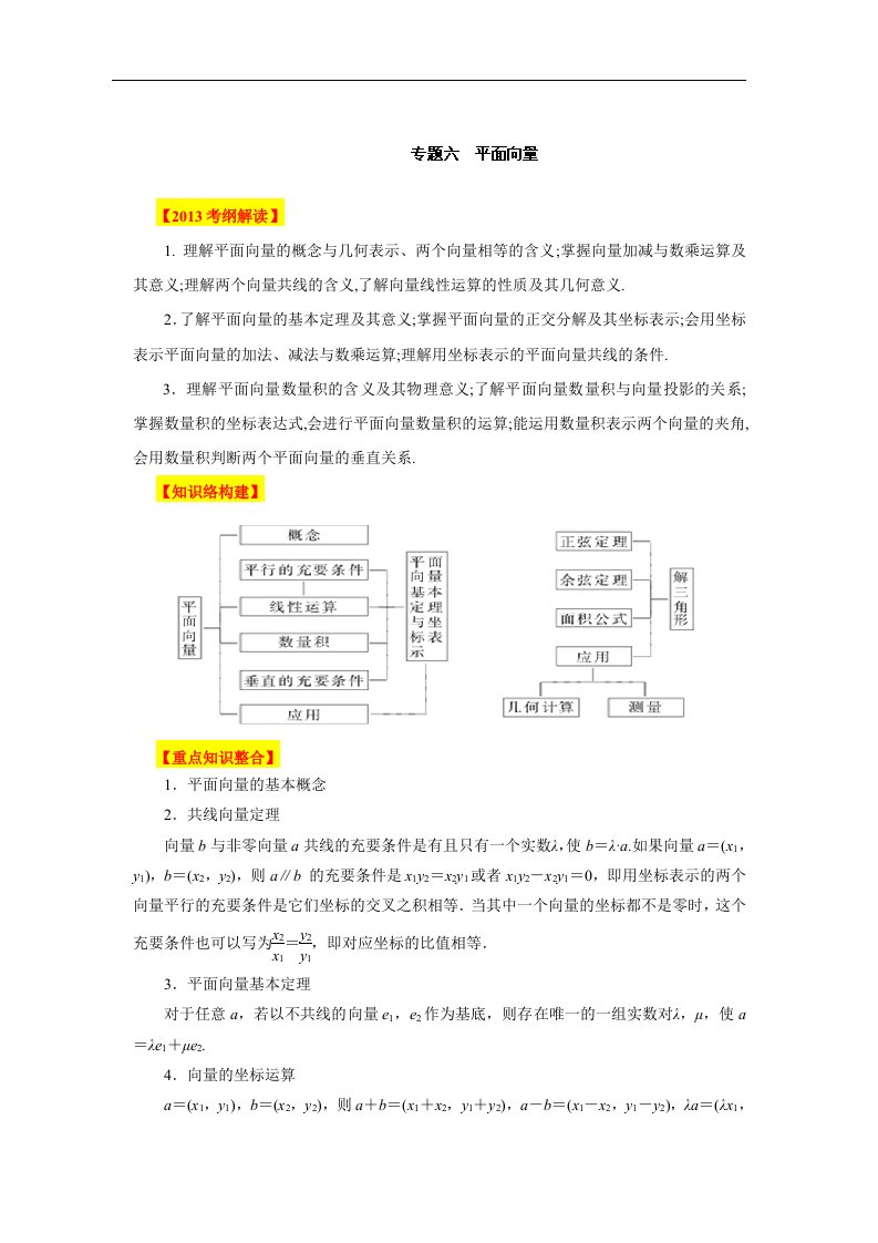 高考数学二轮复习精品教学案专题06平面向量(教师(2)