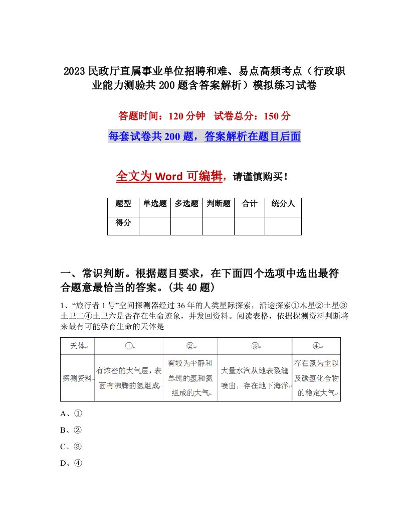 2023民政厅直属事业单位招聘和难易点高频考点行政职业能力测验共200题含答案解析模拟练习试卷