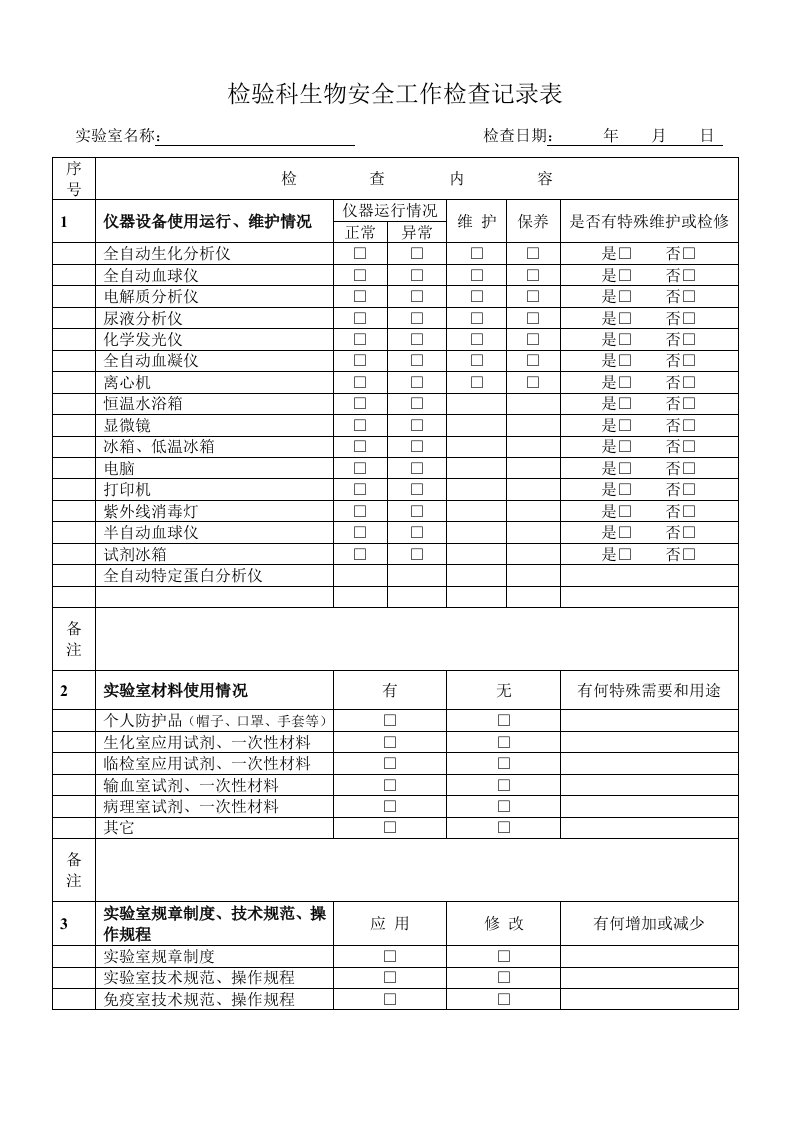 实验室生物安全工作检查记录表