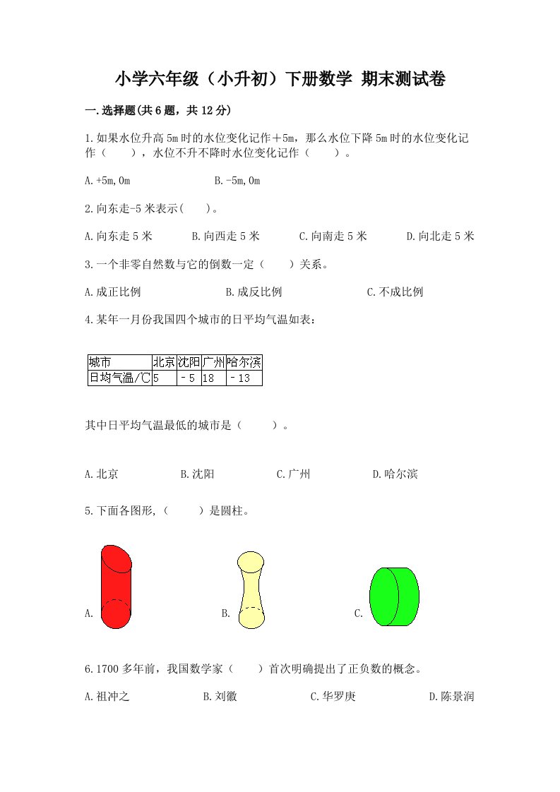 小学六年级（小升初）下册数学