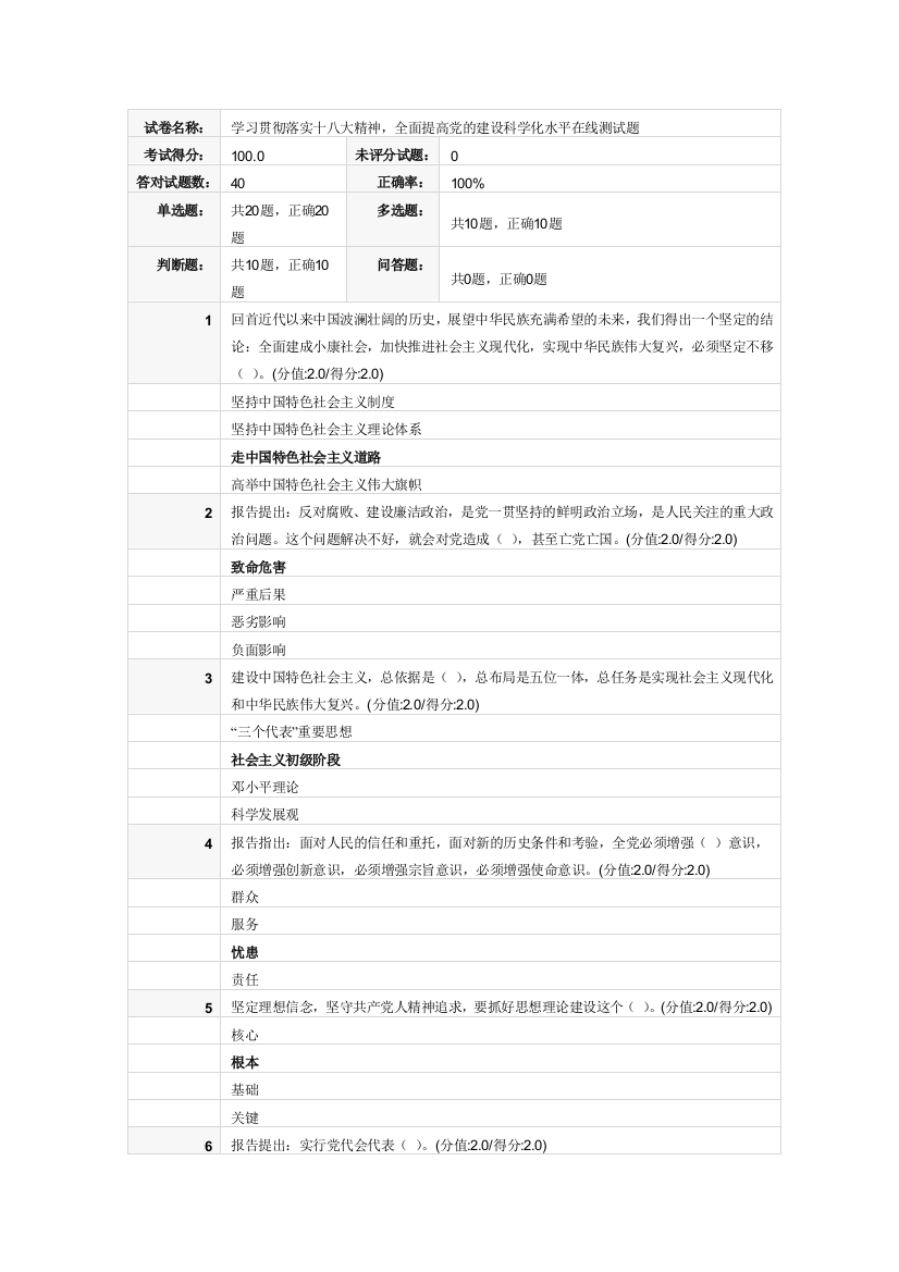 学习贯彻落实十八大精神,全面提高党的建设科学化水平100分答案