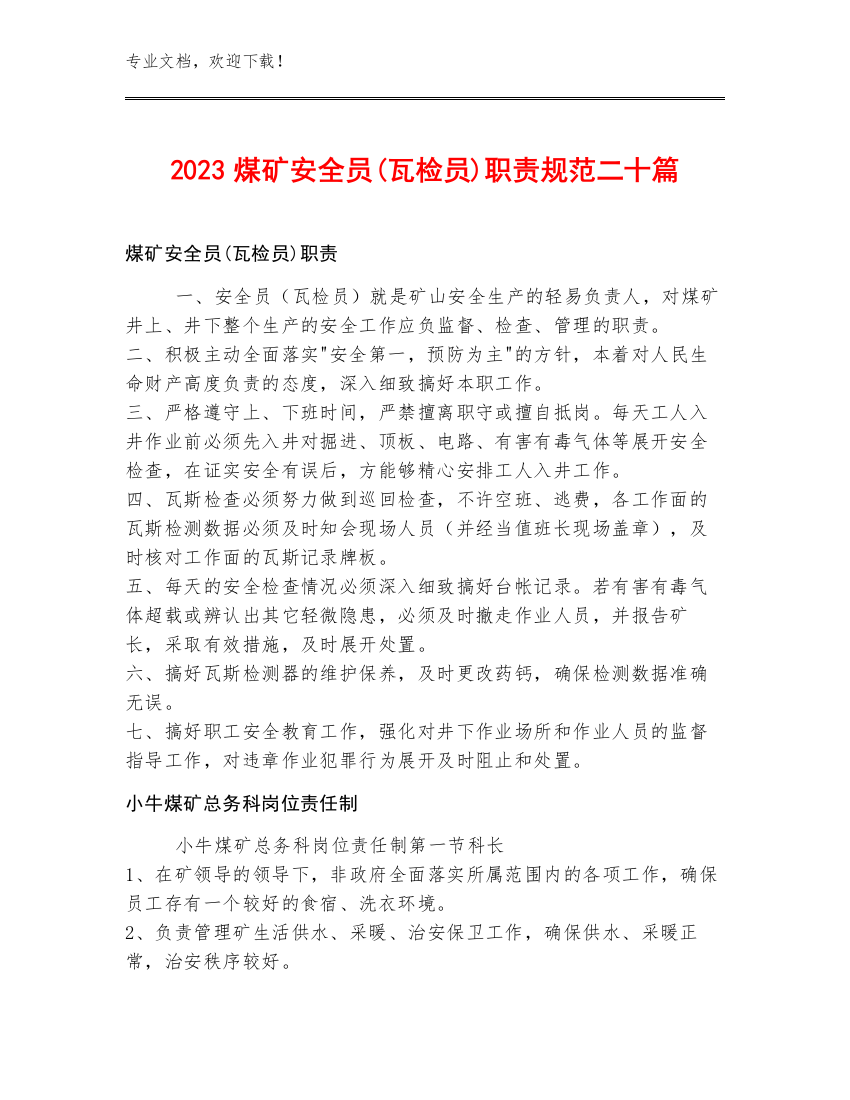 2023煤矿安全员(瓦检员)职责规范二十篇