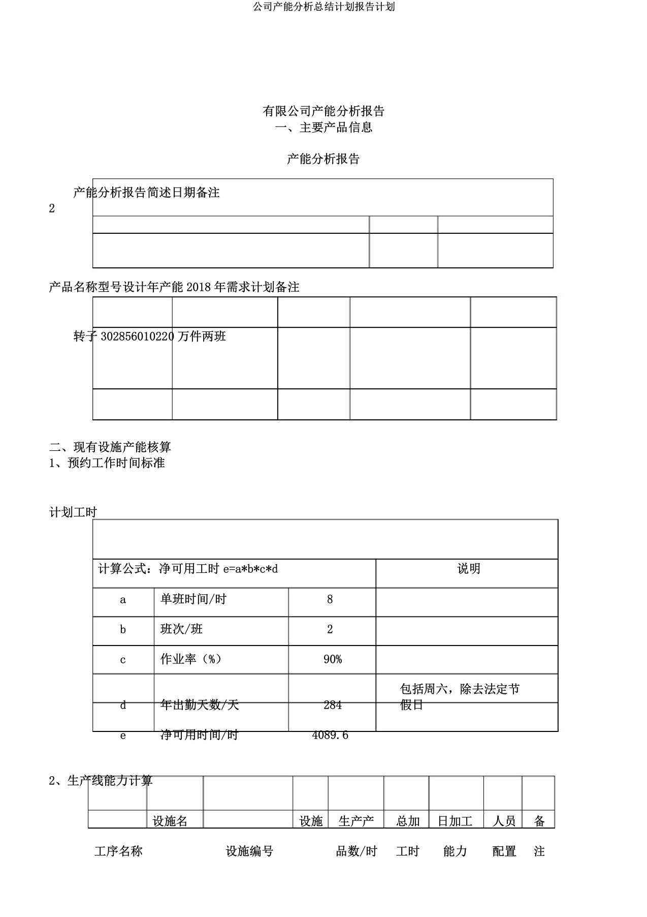 公司产能解析总结计划报告计划