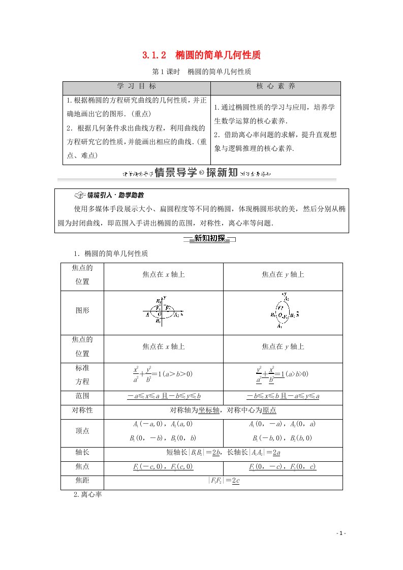 2020_2021学年新教材高中数学第3章圆锥曲线的方程3.1椭圆3.1.2第1课时椭圆的简单几何性质教案新人教A版选择性必修第一册