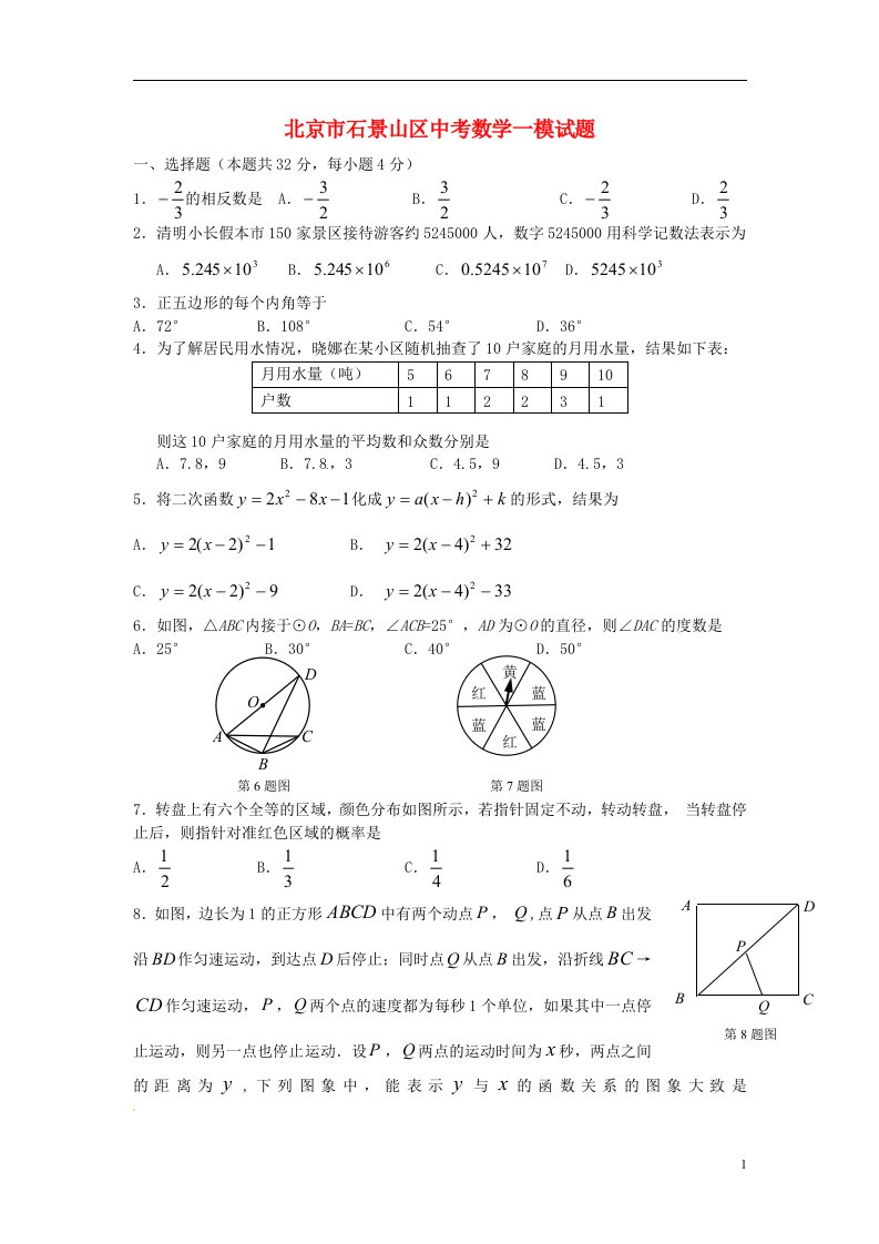 北京市石景山区中考数学一模试题