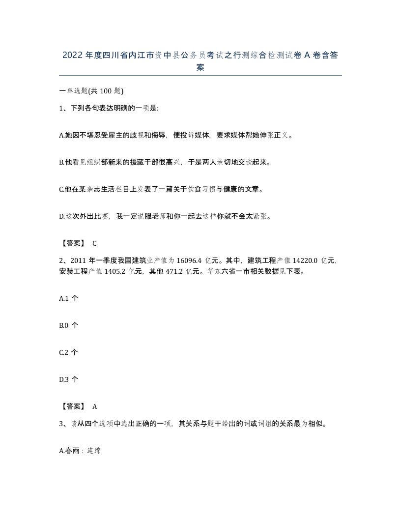 2022年度四川省内江市资中县公务员考试之行测综合检测试卷A卷含答案