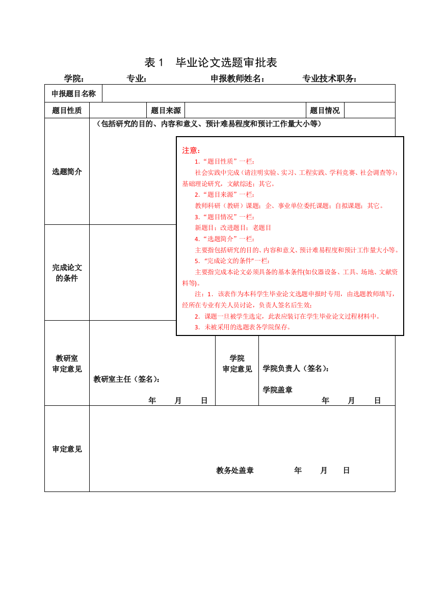 XX学校毕业论文选题审批表