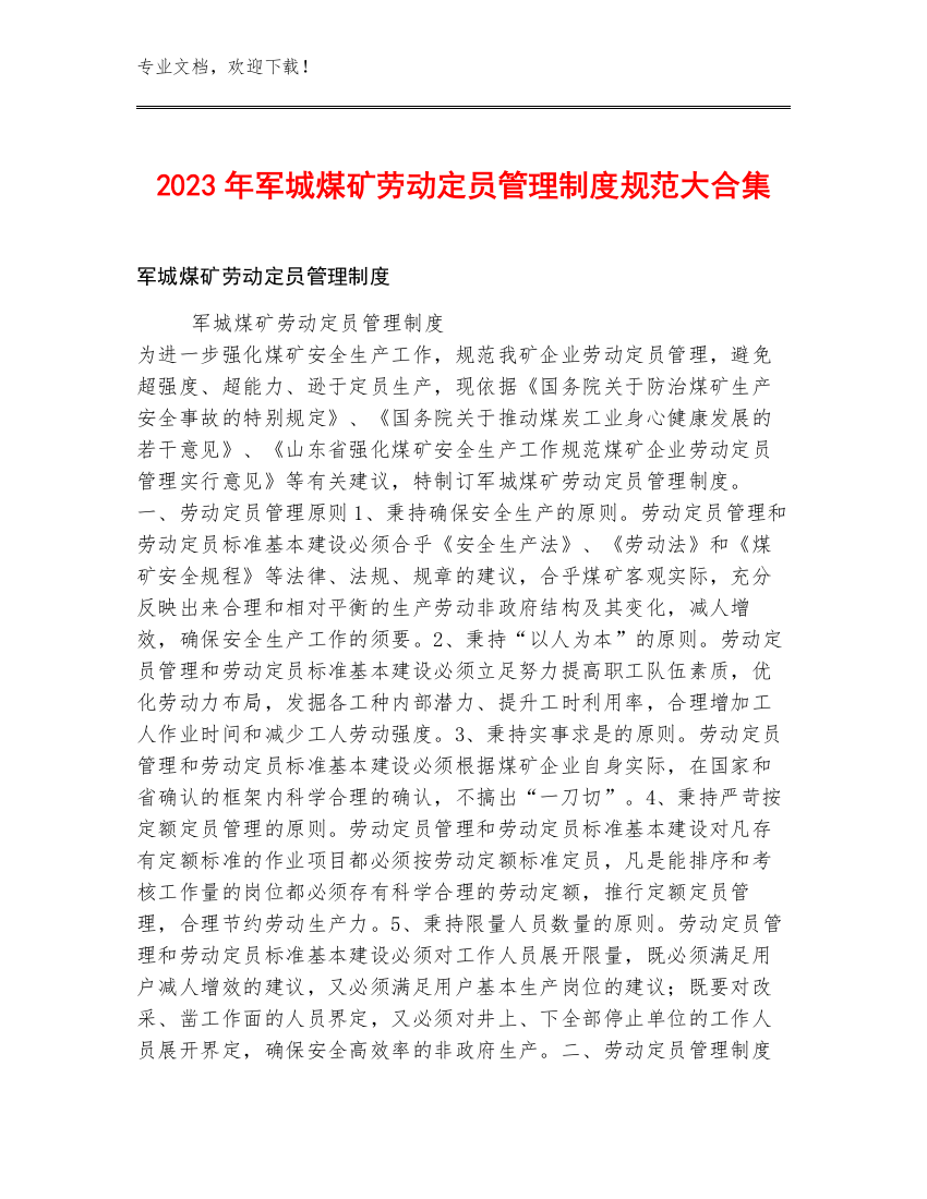 2023年军城煤矿劳动定员管理制度规范大合集