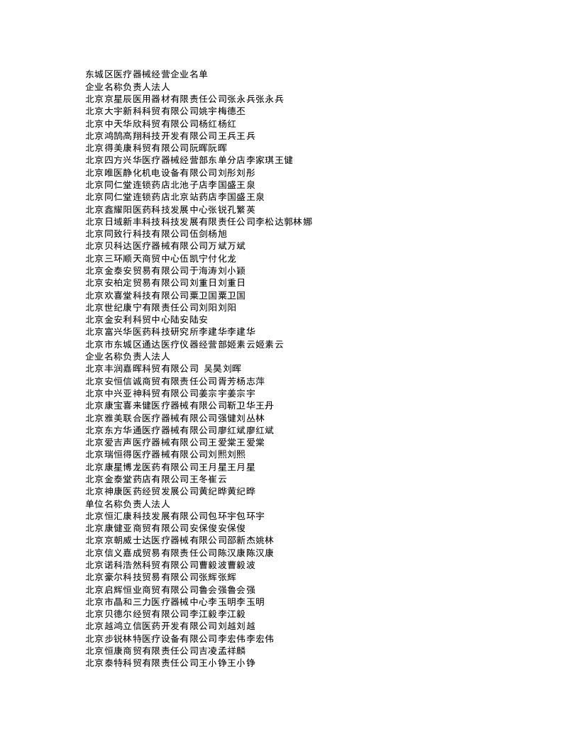 东城区医疗器械经营企业名单