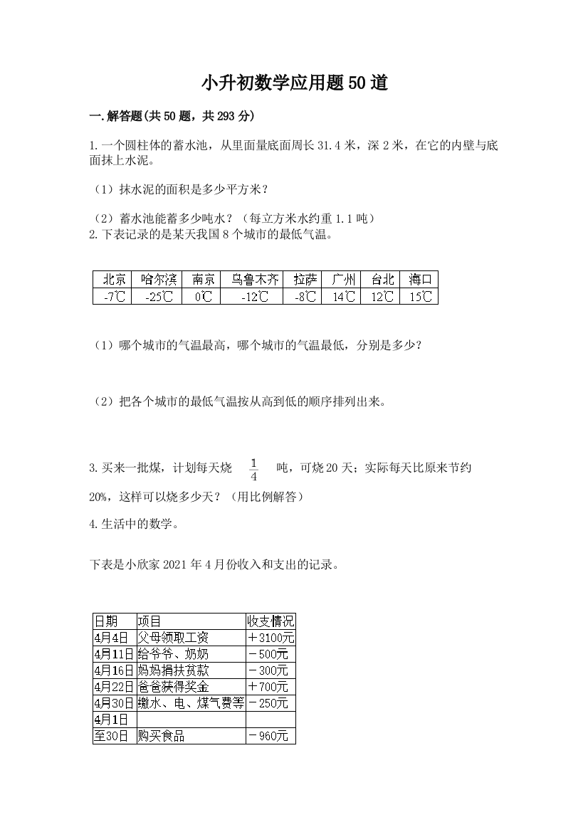 小升初数学应用题50道(研优卷)