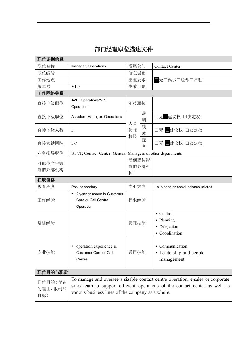 部门经理岗位说明书