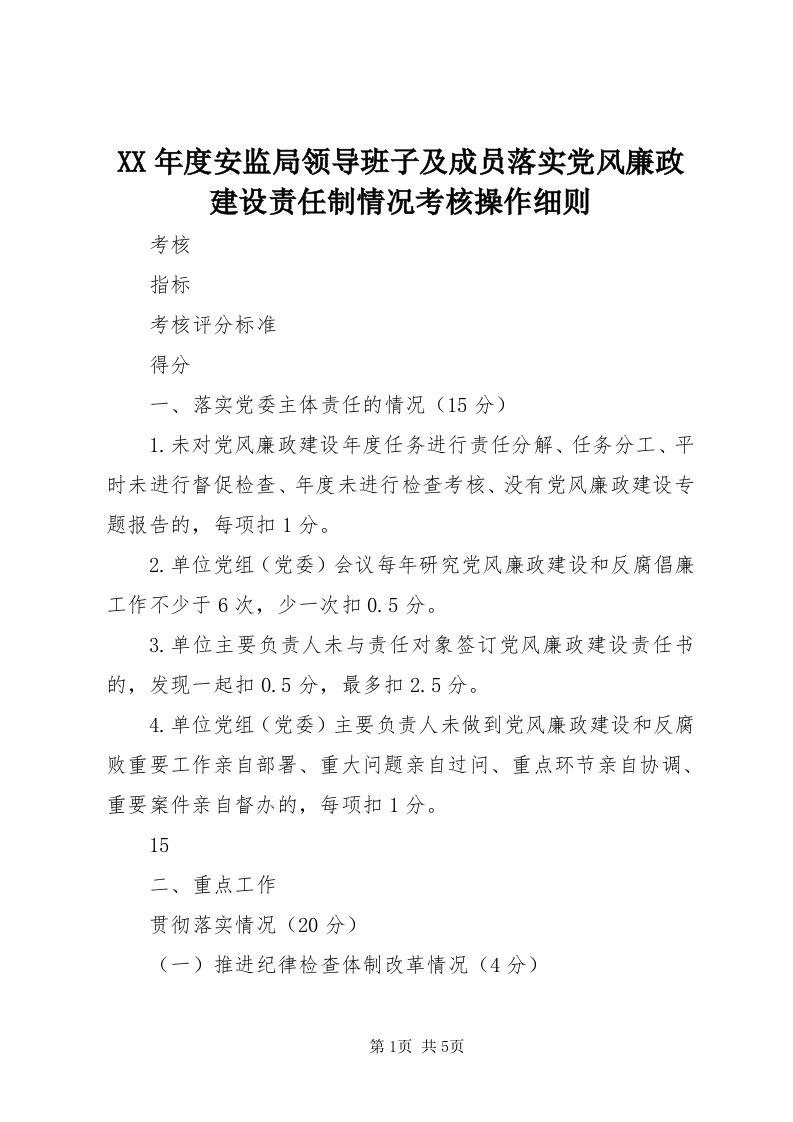 4某年度安监局领导班子及成员落实党风廉政建设责任制情况考核操作细则