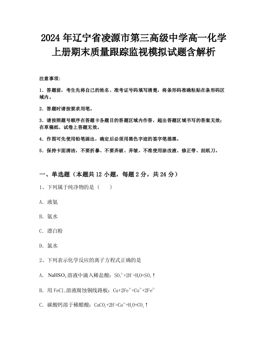 2024年辽宁省凌源市第三高级中学高一化学上册期末质量跟踪监视模拟试题含解析