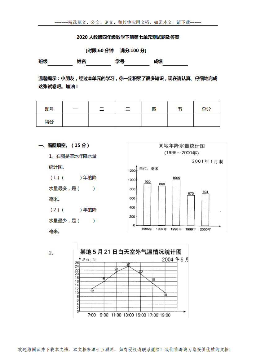 2020年人教版四年级数学下册第七单元测试题及答案