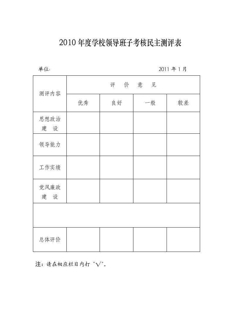 2010年度学校领导班子考核民主测评表