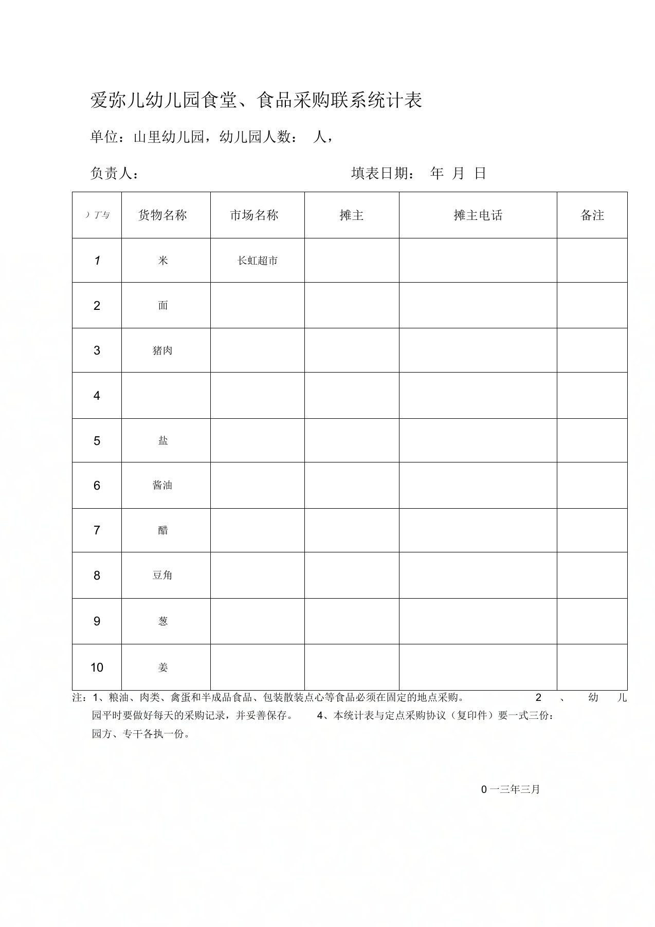 幼儿园食堂、食品采购联系统计表(已写好)