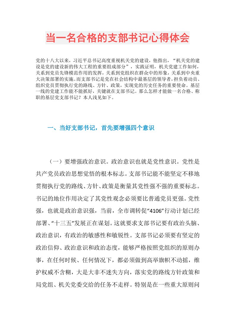 当一名合格的支部书记心得体会