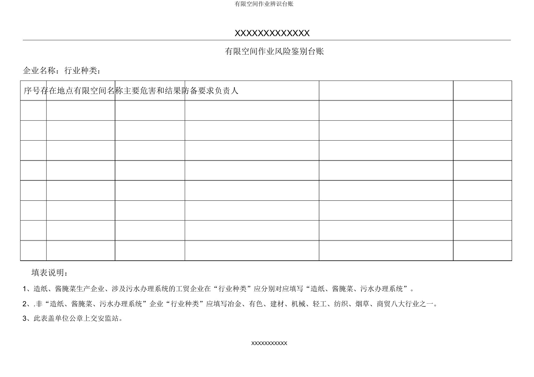 有限空间作业辨识台账