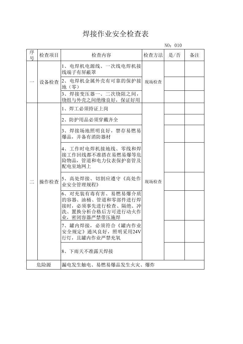 焊接作业安全检查表