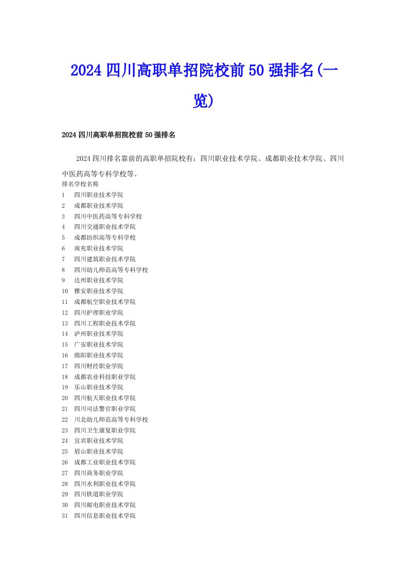 2024四川高职单招院校前50强排名(一览)