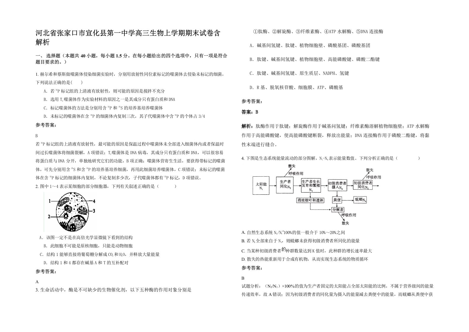 河北省张家口市宣化县第一中学高三生物上学期期末试卷含解析