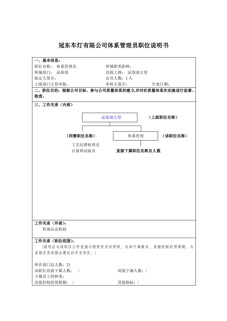 冠东车灯有限公司体系管理员职位说明书