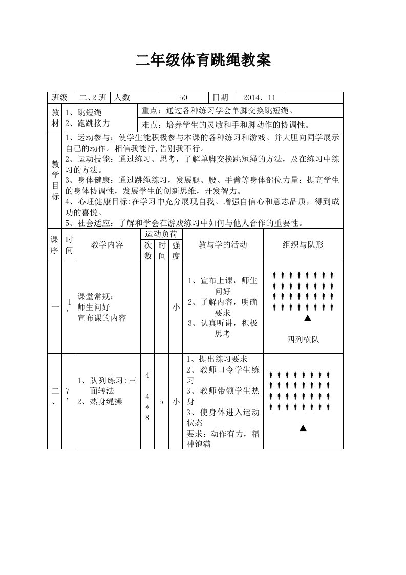 二年级跳绳体育课教案