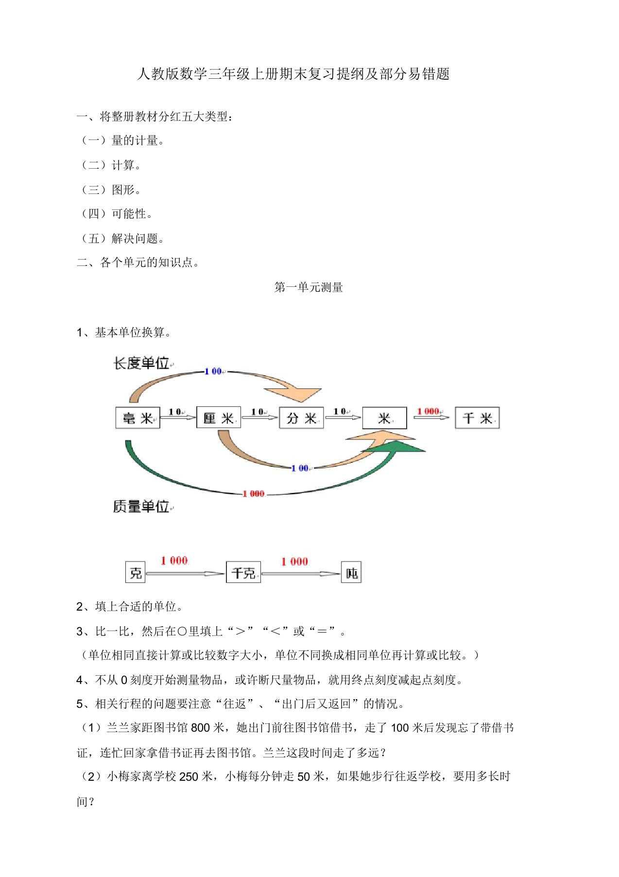 人教版小学三年级上册数学知识点复习及易错题(2019新)