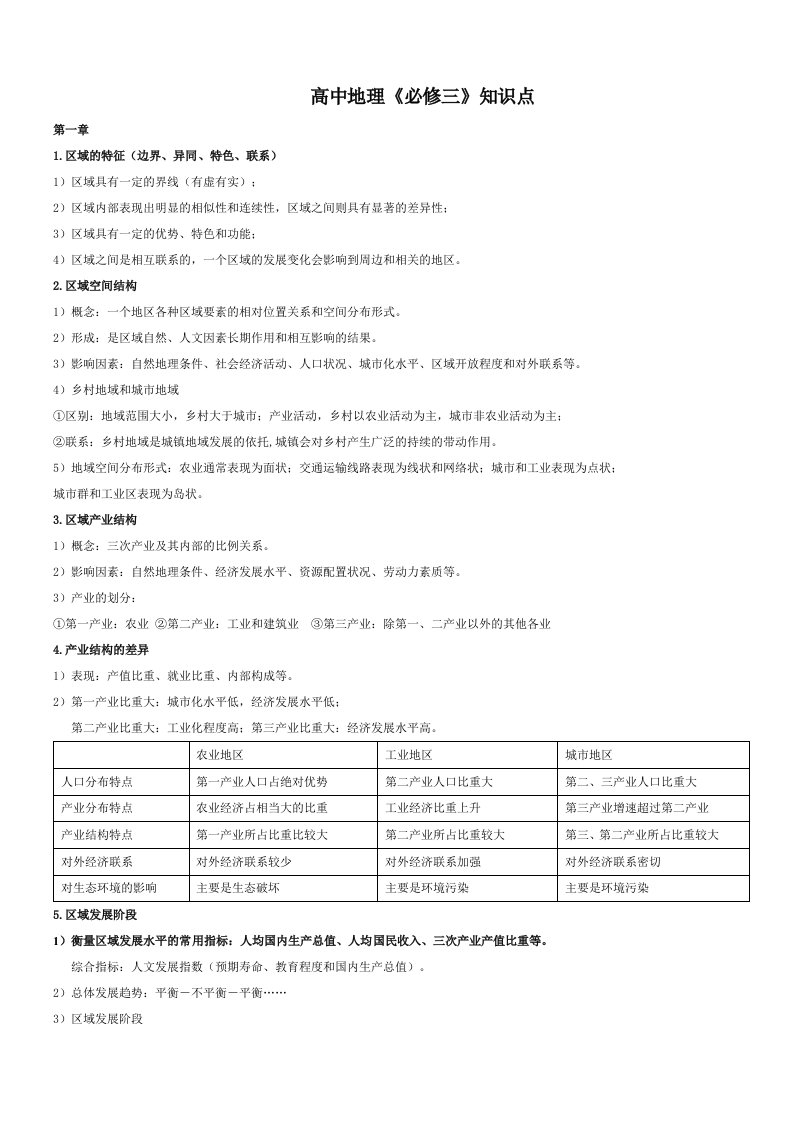 湘教版高中地理必修三知识点