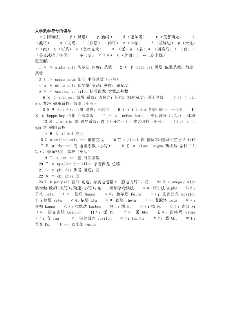 大学数学符号的读法