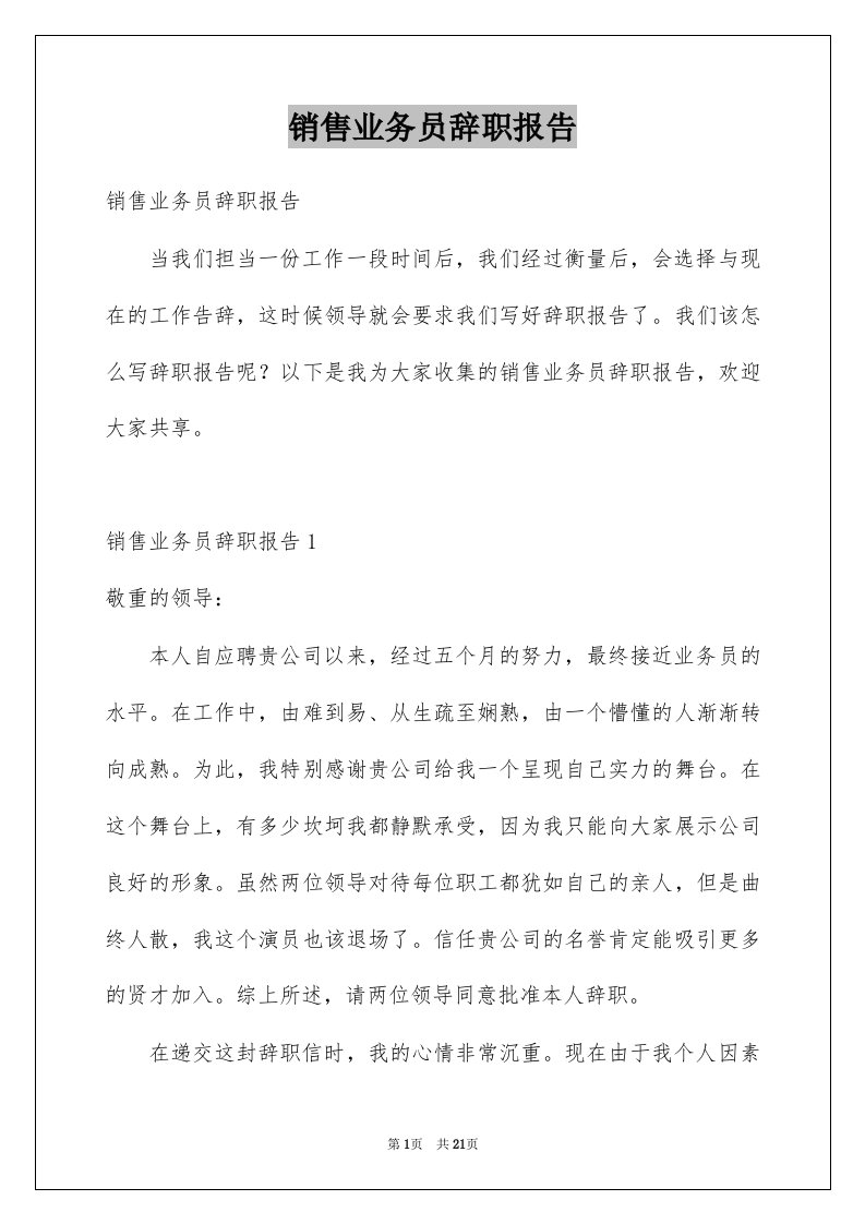 销售业务员辞职报告精选