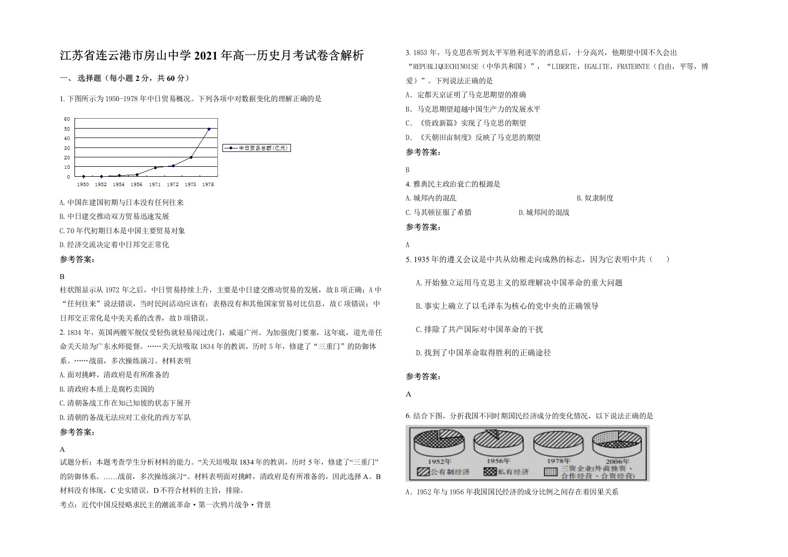 江苏省连云港市房山中学2021年高一历史月考试卷含解析