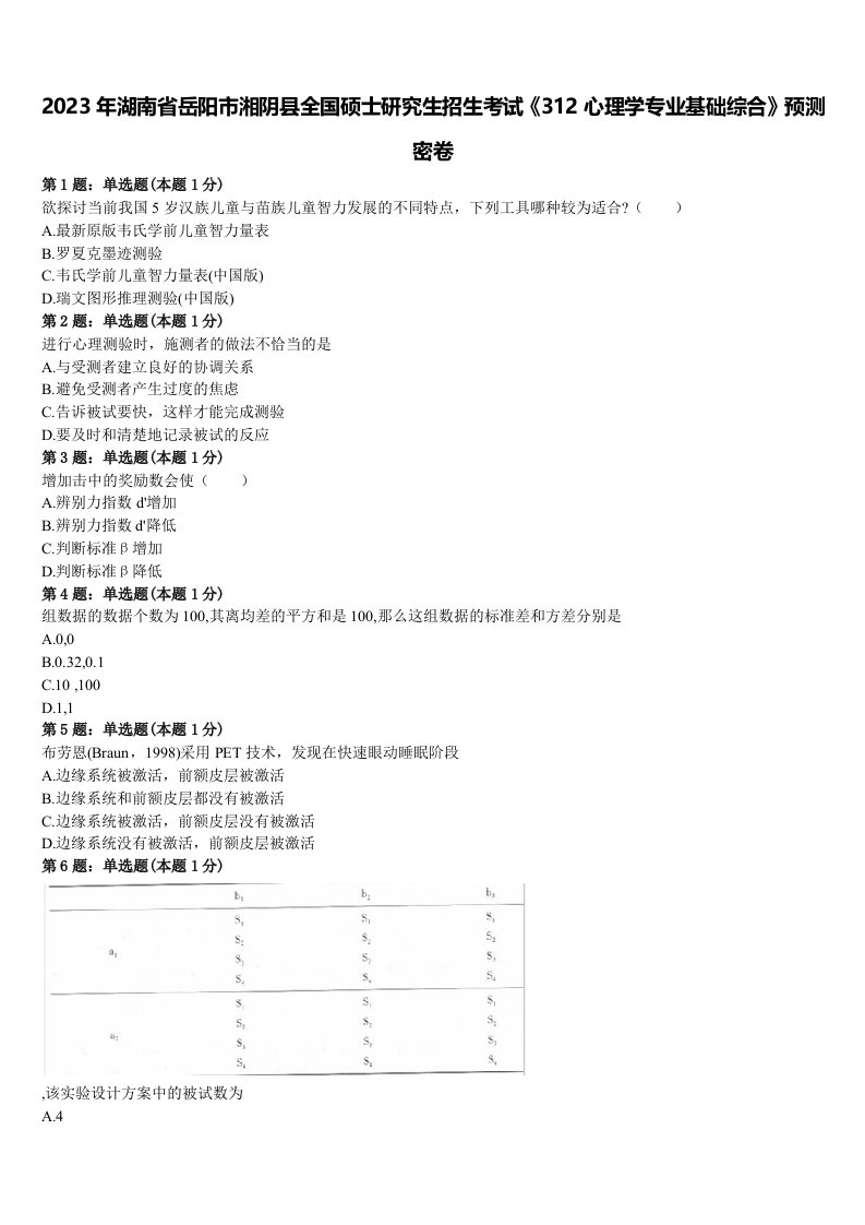 2023年湖南省岳阳市湘阴县全国硕士研究生招生考试《312心理学专业基础综合》预测密卷含解析