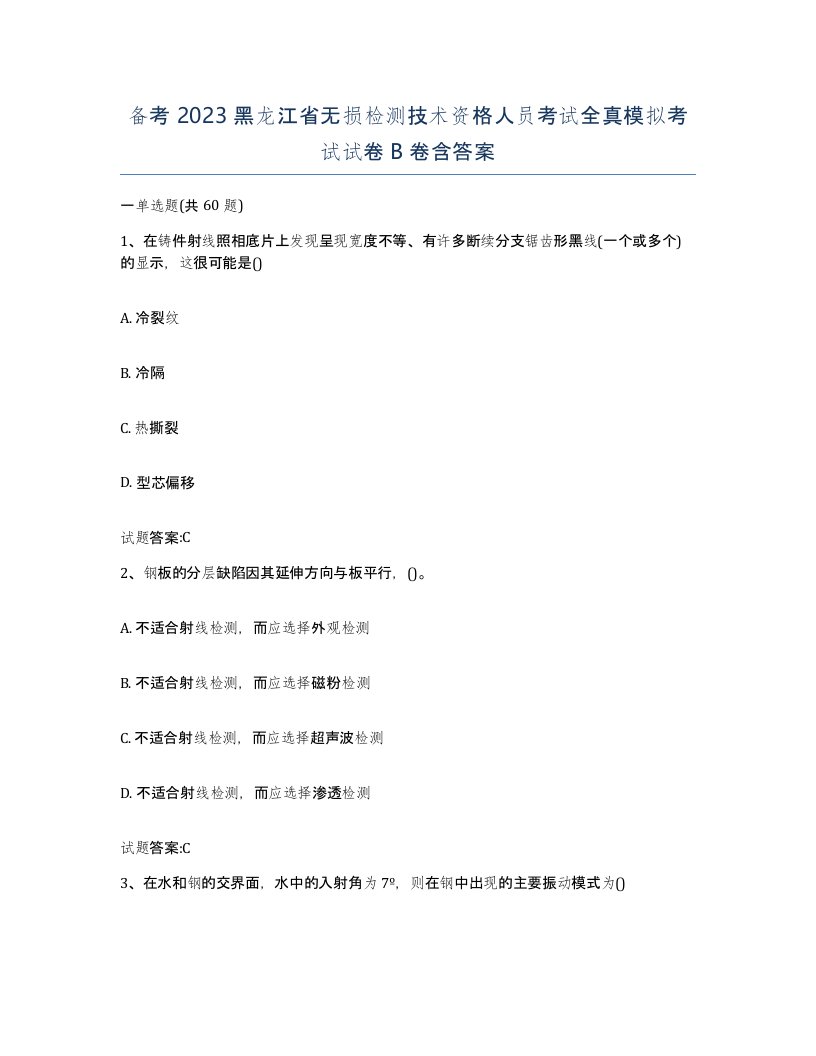 备考2023黑龙江省无损检测技术资格人员考试全真模拟考试试卷B卷含答案