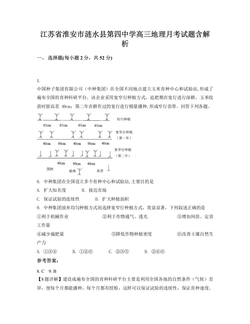 江苏省淮安市涟水县第四中学高三地理月考试题含解析