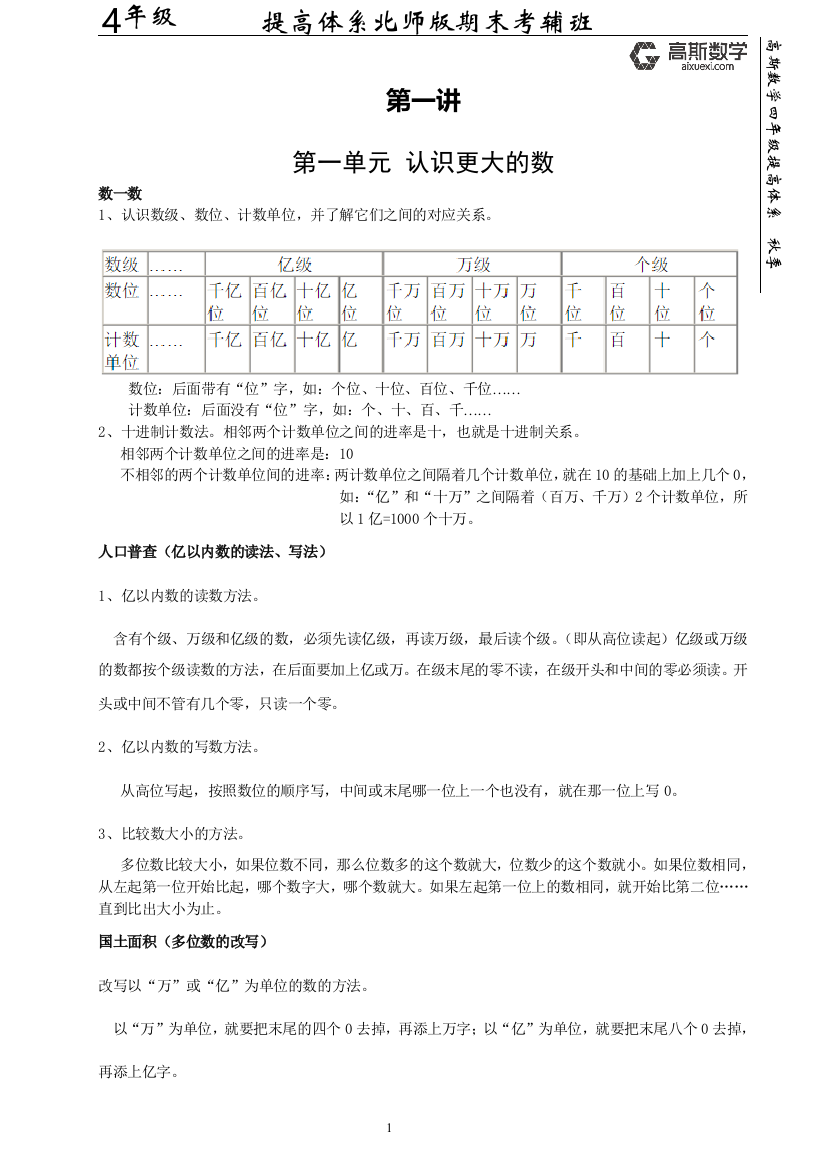 北师大版四年级数学1-4单元知识点及典型例题推荐文档