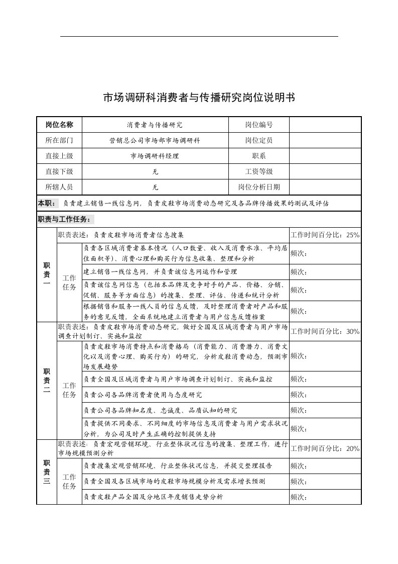 奥康集团市场调研科消费者与传播研究岗位说明书