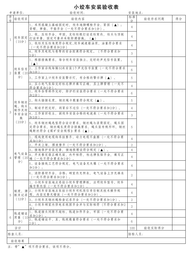 小绞车安装验收表