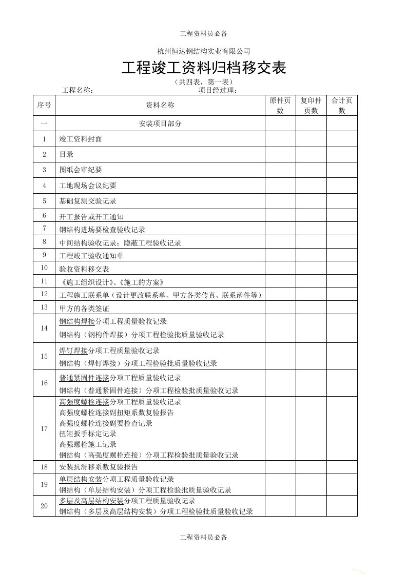 14工程竣工验收资料归档移交表1