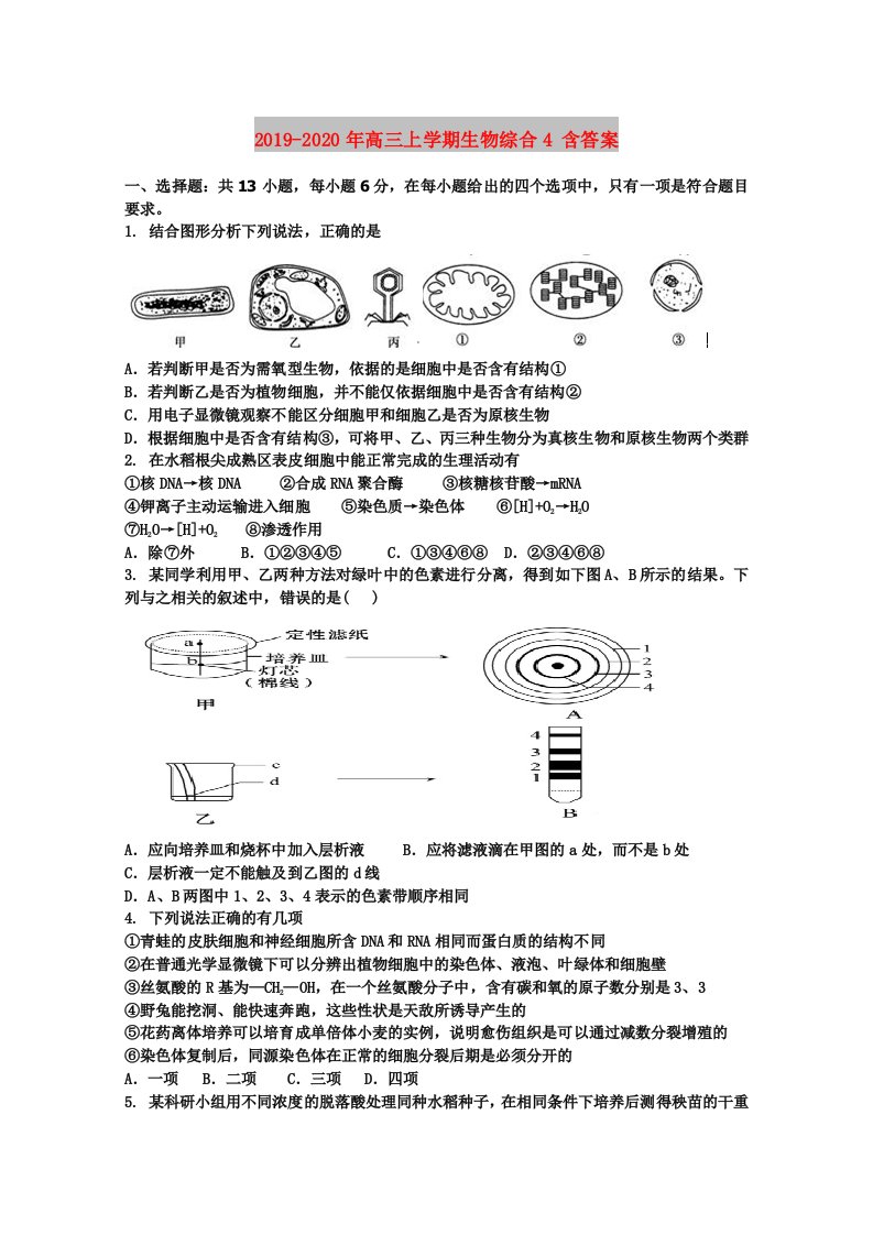 2019-2020年高三上学期生物综合4