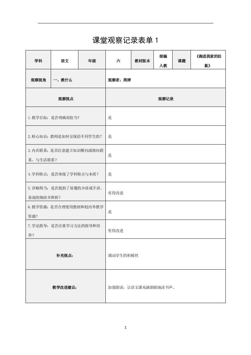 课堂观察记录表单（分四项）周婷