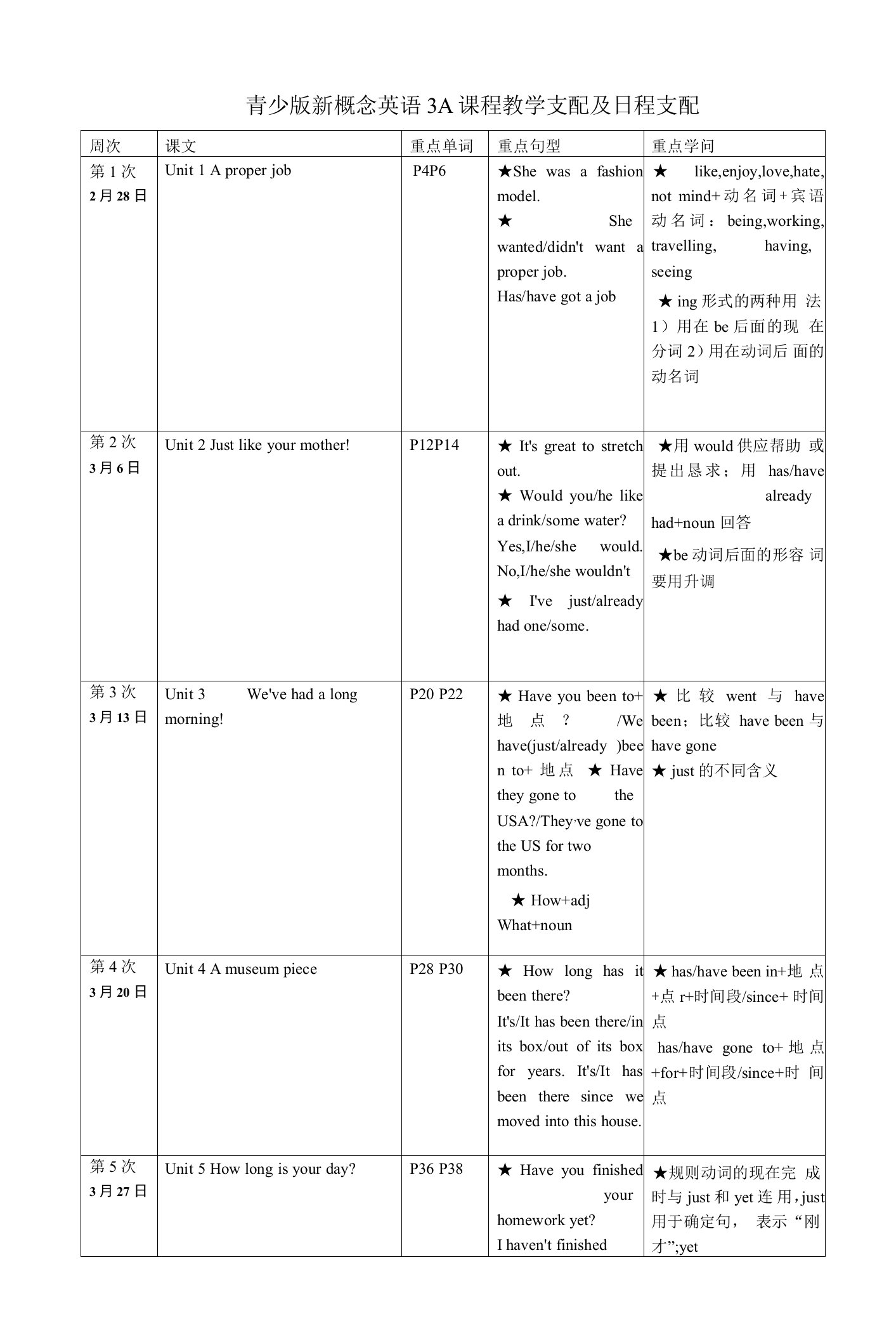 青少版新概念英语3A课程教学计划及日程安排