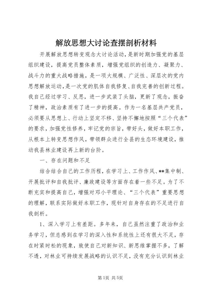 解放思想大讨论查摆剖析材料